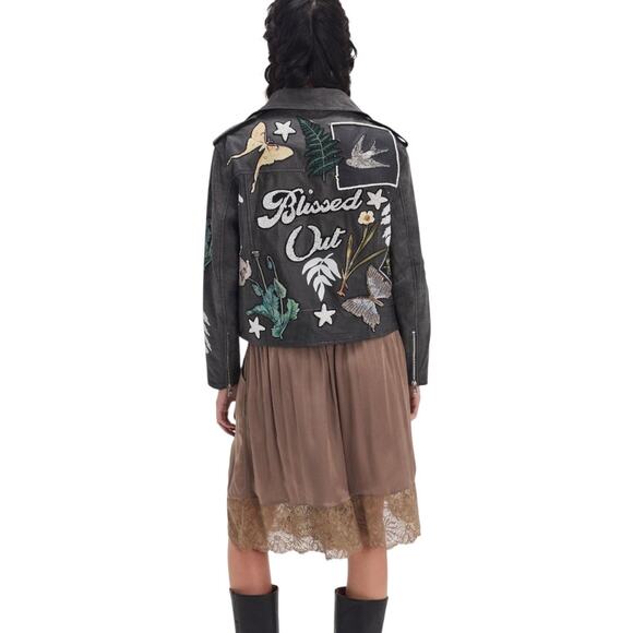 Free People Denim & Bone Patchwork Moto Leather Jacket Size XL - Picture 4 of 8